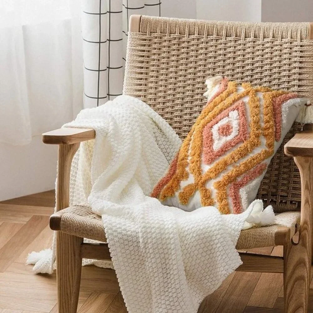 Pink/Orange Tassel Throw Pillow Covers 18x18, 12x20 Woven Tufted Living Room/Bed